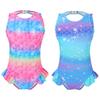 Girls Mermaid Swimsuit One Piece Sleeveless Open Back Fish Scales Print Ruffle Flounce Jumpsuit Pool Beach Wear