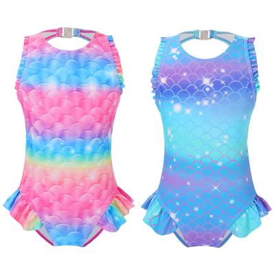 Girls Mermaid Bathing Suit Sleeveless Open Back Design Fish Scales Print Ruffle Jumpsuit Athletic Swimwear Set