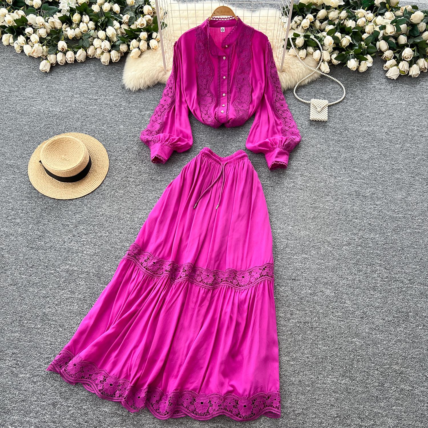 

High Waist Lace Patchwork irt Lantern Sve Blouse And f Skirt Two Piece Set Autumn Faion Ensemble Women s Clothing One size рожевий червоний колір