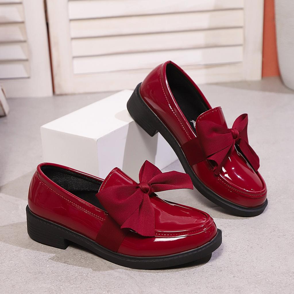 Women's Patent Leather Bow Loafers Round Toe Low Block Heel Slip-On Casual Oxford Shoes