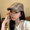Women Vintage Plaid Beret Hat Soft Cotton Long Brim Sunshade Grid Forward Hat Y2K Japanese Girls Painter Artist Cowboy Caps