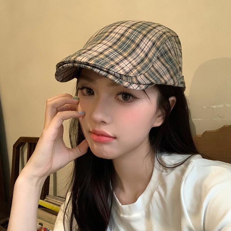 Women Vintage Plaid Beret Hat Soft Cotton Long Brim Sunshade Grid Forward Hat Y2K Japanese Girls Painter Artist Cowboy Caps