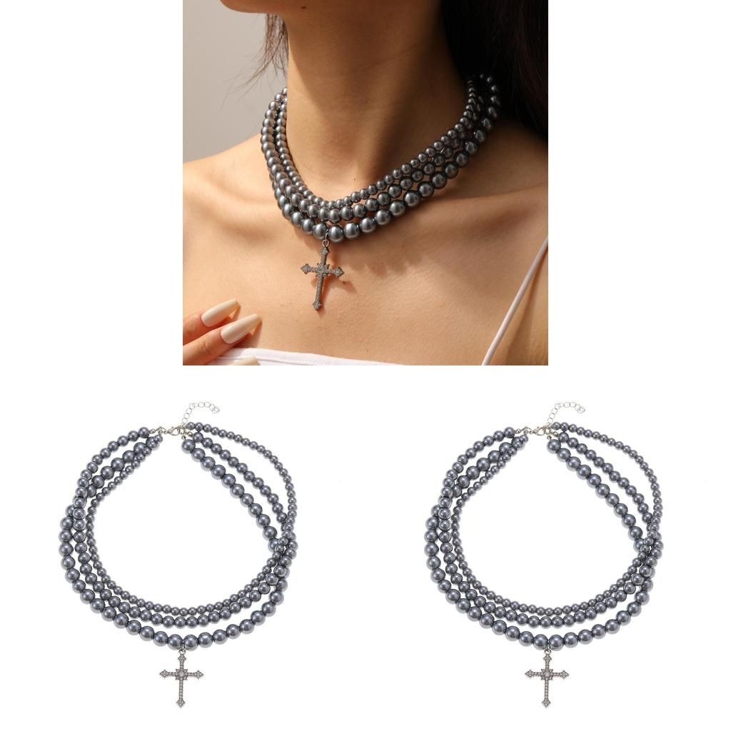 Cross Pendant Beaded Necklace With Geometric Style Handmade Chain For Men And Women