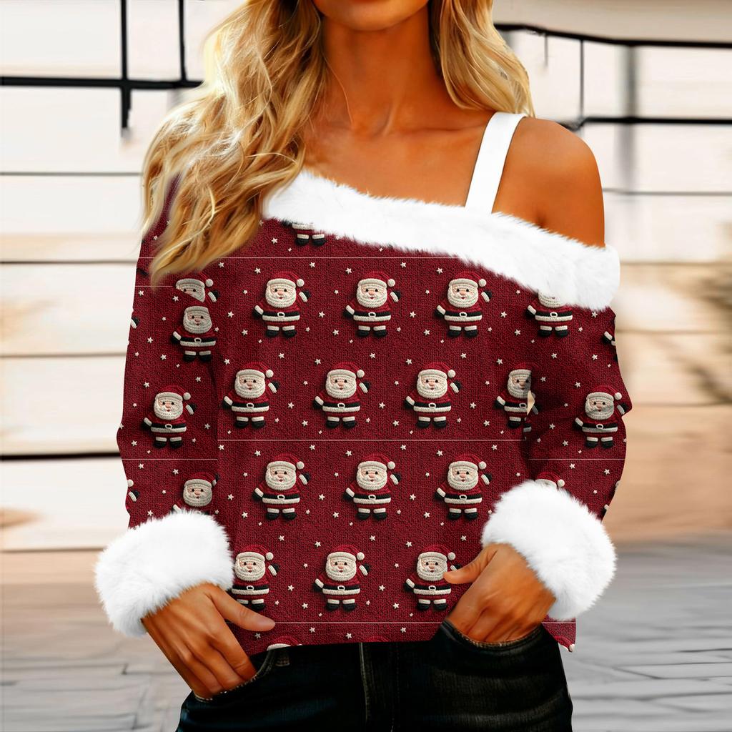 Women's Casual Fashion Sexy Off-Shoulder Collar Christmas Pattern Long Sleeve Crewneck T-Shirt Top