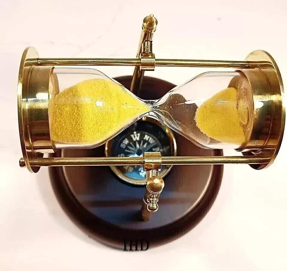 Sand Timer With Compass On Wooden Base Vintage Nautical Hanging Brass Hour Glass