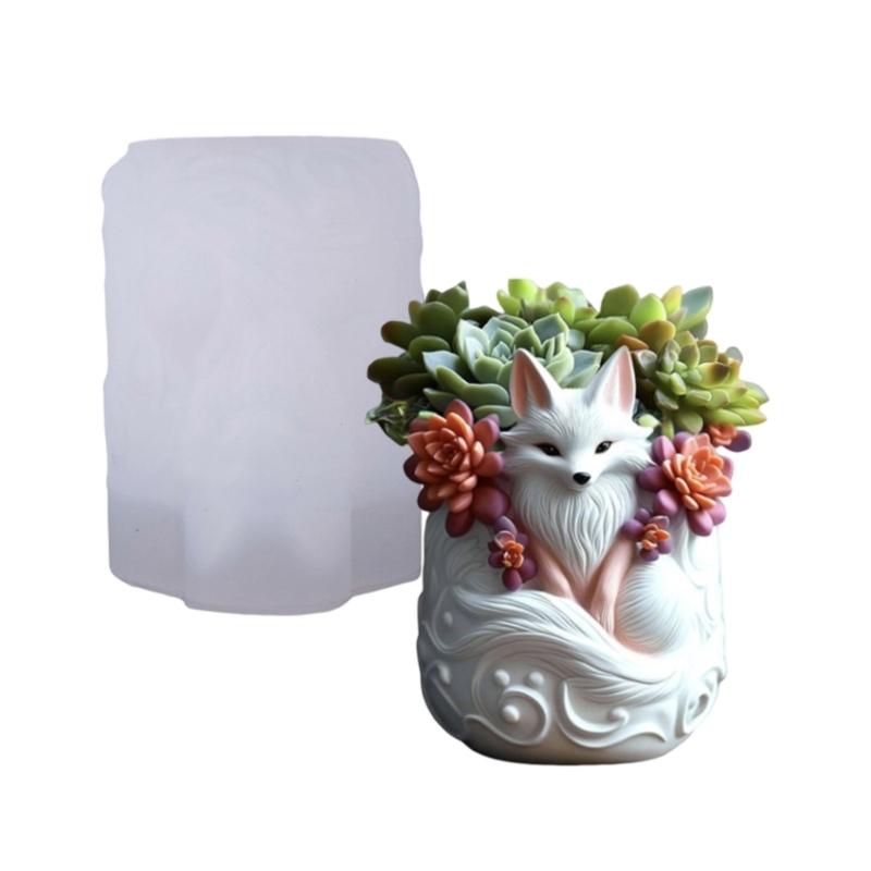Flexible Reusable Flowerpot Mold with Detailed Foxes Design Silicone Texture for Resin Concrete Cement Crafting