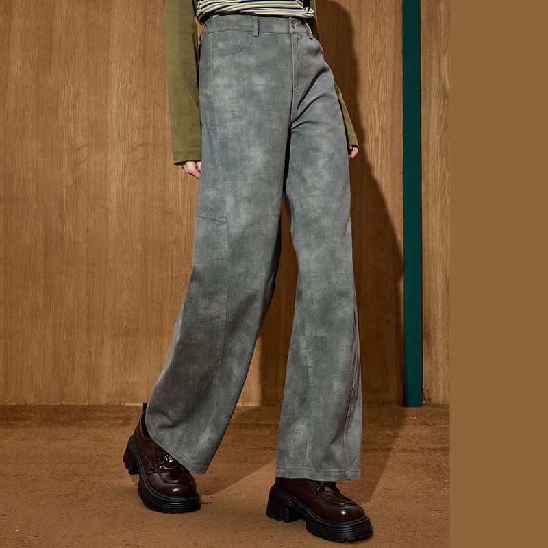 Coolhut American Street Style Niche Design Wide-Leg Distressed Tie-Dye Straight-Leg Winter Women's Casual Pants