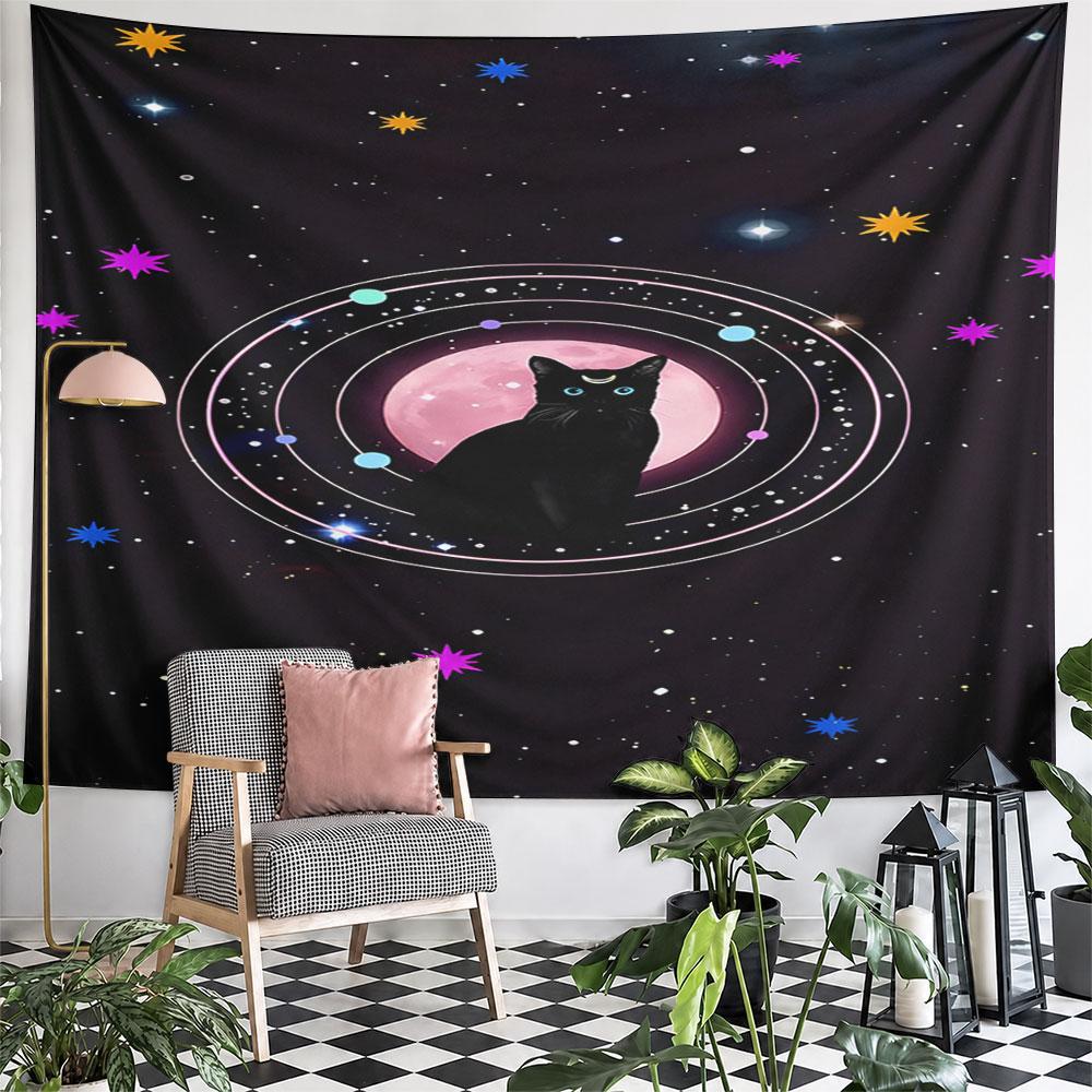Mystical Black Cat Under Moonlight Pattern Wall Hanging Tapestry Decorative Tapestry Home Decor for Bedroom and Living Room