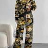 Flowers European, American Autumn and Winter Casual Long-sleeved Suit Women's Hooded Sweater Trousers Two-piece Set Retro Pattern