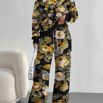 Flowers European, American Autumn and Winter Casual Long-sleeved Suit Women's Hooded Sweater Trousers Two-piece Set Retro Pattern