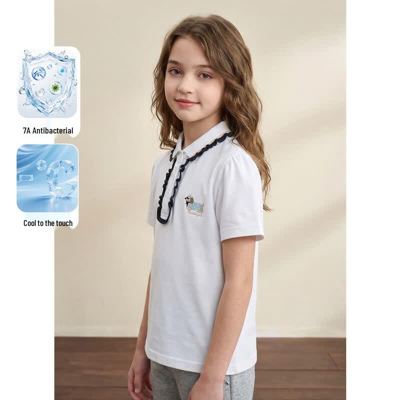 Monteau Girls  Summer Puppy Embroidered Ruffled Polo T-shirt 140