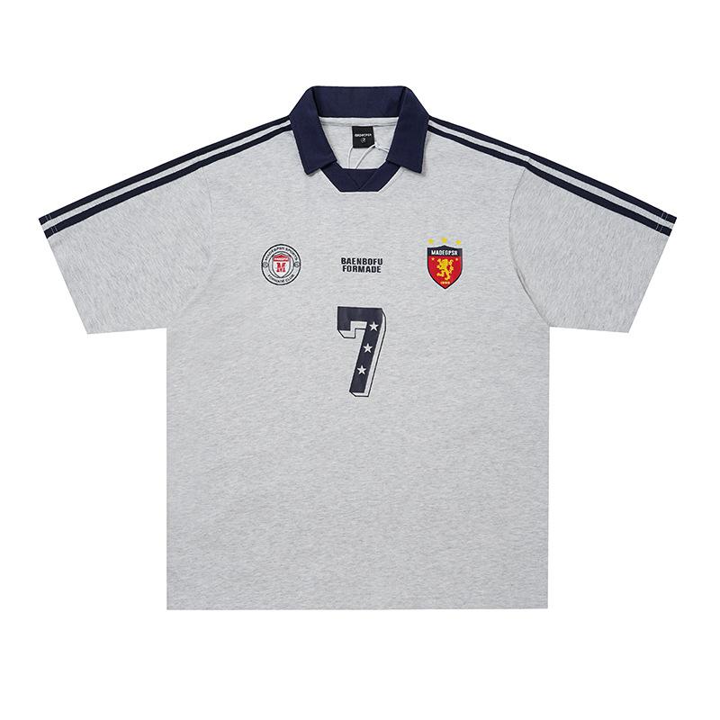 American sports striped lapel T-shirt summer tee locomotive short-sleeved polo shirt men M серый
