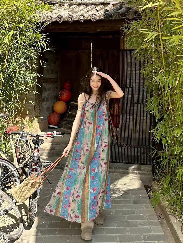 Women's Summer Seaside Floral Maxi Dress - Spaghetti Straps, French Retro Style
