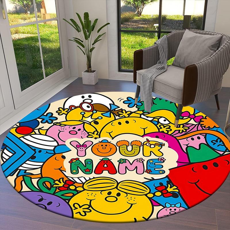 Mr Men Adventure Custom Name Round Area Rug Carpet Rug For Living Room Bedroom Sofa Playroom Decor Nonslip Floor Mat