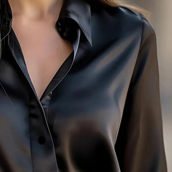 Women Shirt Lapel Long Sleeve Single Breasted Shirt Tops Smooth Fabric Satin Office Lady Shirt Versatile Autumn Wear