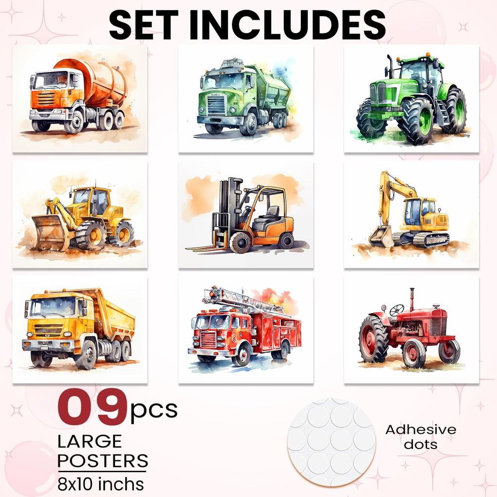 TRAMIN 9 pcs Construction Room Decor For Boys - Toddler Boy Room Decor, Truck Wall Art For Kids Room, Car Pictures Wall Decor For Bedroom Playroom,