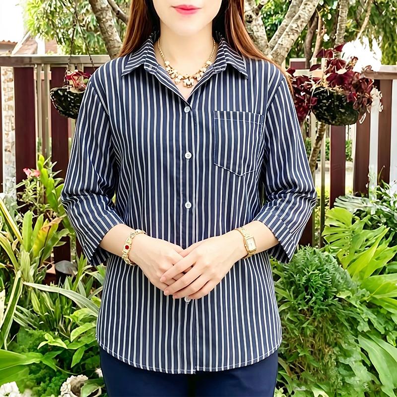 ZANZEA Women Casual Turn Down Collar Stripe Print Loose 3/4 Sleeve Blouse