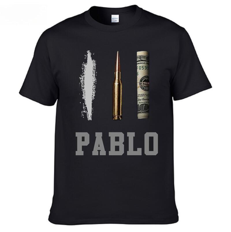 Funny T-shirt with a Graphic Print of a Bullet with a PABLO Banknote, Men's and Women's, Short Sleeves, Cotton, New Men's Collection 2026.