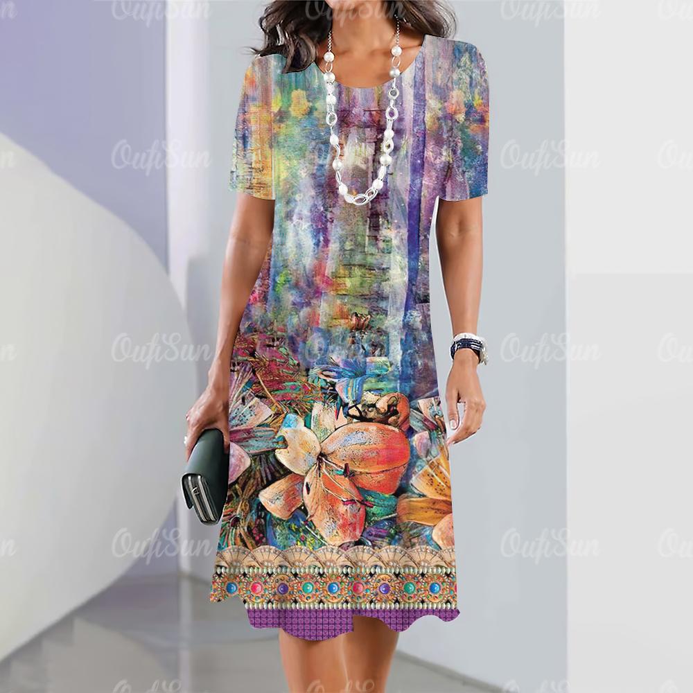 Women's Dresses 2024 Summer Women's Dresses Vintage Printing Travel Party Dresses Elegant Casual Loose Short Sleeve Blouse Y2k