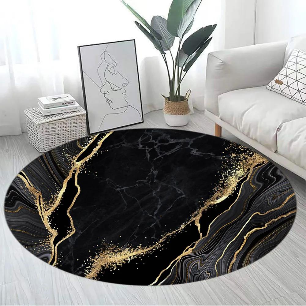 Abstract Blue Marble Round Carpet Gold Textured Geometric Pattern Black Home Rugs Living Room Bedroom Decor Sofa Rug Floor Mats