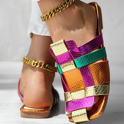 Women's Colorful Woven Slide Sandals, Flat Summer Slides With Textured Straps, Casual Square Toe Footwear For Beach And Outdoor Use