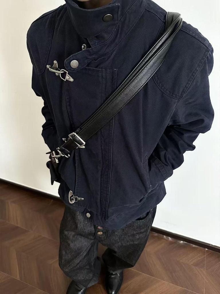 EME Retro Distressed Patchwork Airplane Buckle Jacket Unisex Short Coat