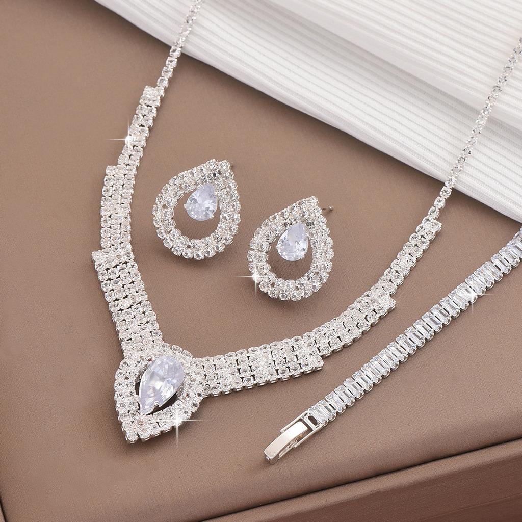Accessories Bridal Necklace Jewelry Set Rhinestone Necklace Earrings Bracelet 3-Piece Set Women'S Wedding Banquet Accessories