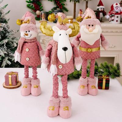 1pc Pink Stretchable Leg Christmas Plush Doll - Festive Snowman, Santa Claus & Reindeer with Golden Accents, Polyester & Metal