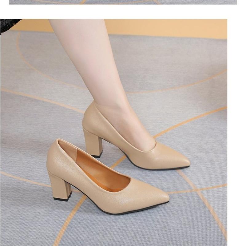 Fashion Simple Block Heel Soft Leather Single Shoes Women's Pointed Toe Shallow Mouth Cover Foot Anti-Slip Wear-Resistant High Heels