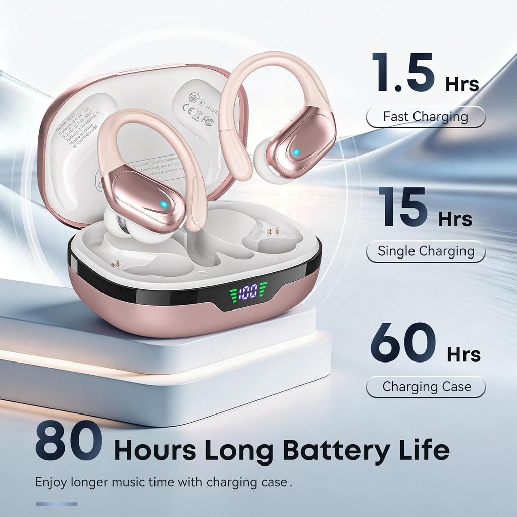 Sports Bluetooth Headphones, 80Hrs Playtime Wireless Earbuds with LED Power Display, IPX7 Waterproof Earphones for Workout/Running, Noise Canceling