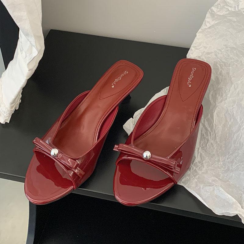 Fashion Fashion Metal Women Low Heel Slippers Slides Female Round Toe Footwear Butterfly-Knot Ladies Heeled Slippers Sandals Shoes Pumps