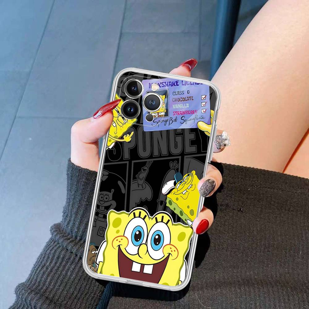 Cartoon Niedlich S-SpongeBob Anime Handyhülle Für IPhone 11 13 16 12 17 14 15 Pro Max Plus Weiche Klare Rückseite Hülle