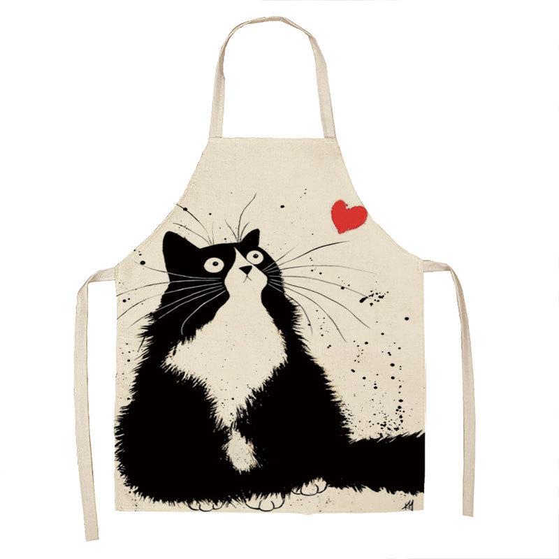 Black and White Cat Cartoon Linen Apron, Sleeveless Neck Hanging for Home Cooking, Anti-fouling Cooking Waist Children's Bib