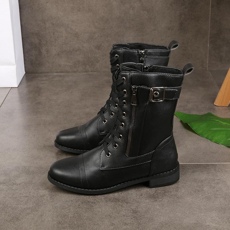 Women's Boots Round Toe Womens Mid Calf Boots Retro Zip Motorcycle Boots Low Heel Women Shoes Botas Mujer Large Size 36-43