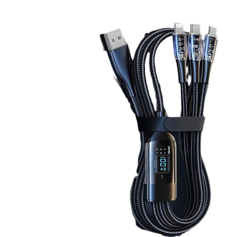 

100W Transparent 3-in-1 Fast Charging Cable with Digital Display for Apple, Android, Type-C, 1.2m