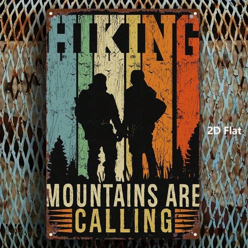Vintage Mountains Calling Metal Wall Sign Rustic 8x12 Inch Iron Plaque Hiker Silhouette Outdoor Cabin Decor