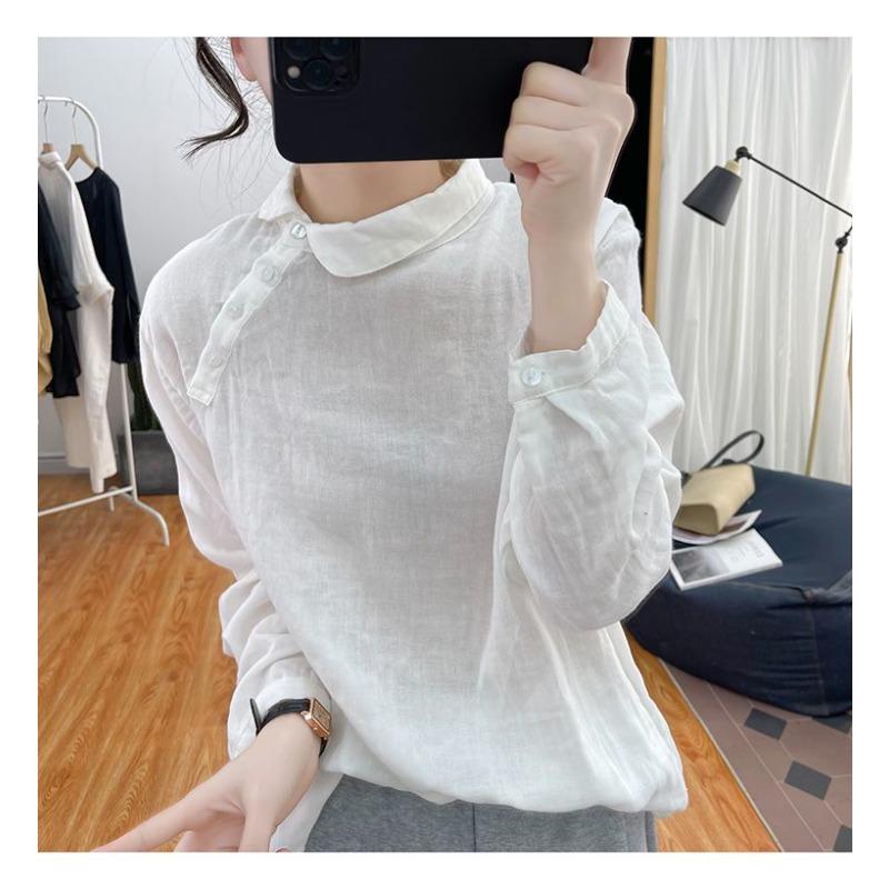 Korean Ingot Collar Pure Cotton Long-sleeved Shirt for Women  Autumn Loose Top Retro Oblique Button Base Shirt