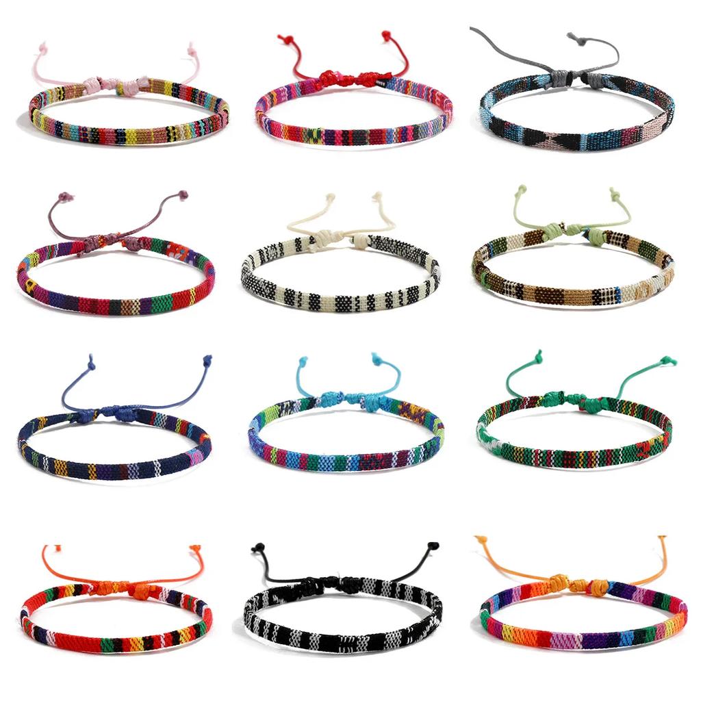 12Pcs Bohemia Colorful Bracelet Set For Women Nepal Ethnic Fabric Braided Rope Adjustable Bangle Men  Summer Jewelry