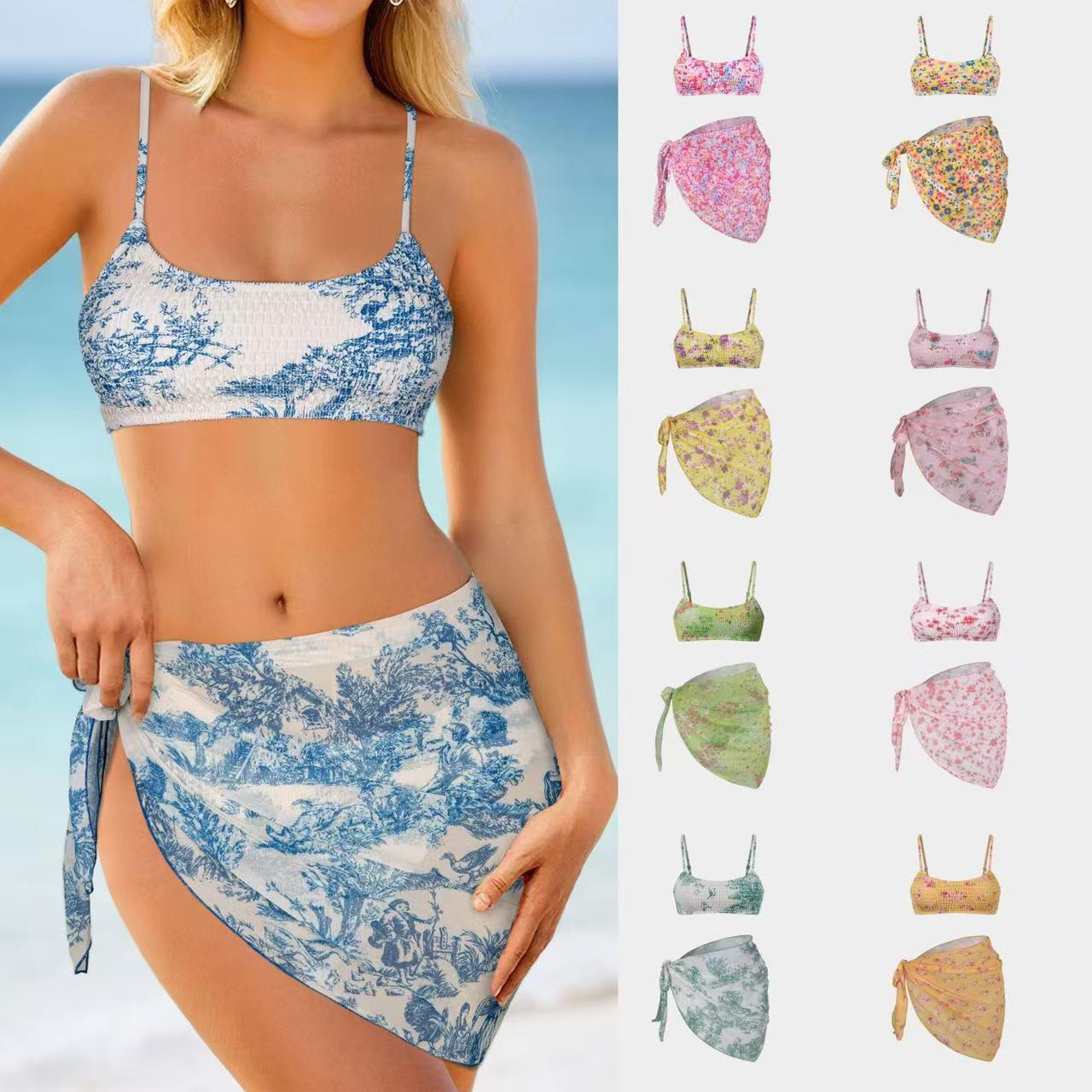 

2024 European & American Floral Three-Piece Bikini Set with Wrap Skirt One Size