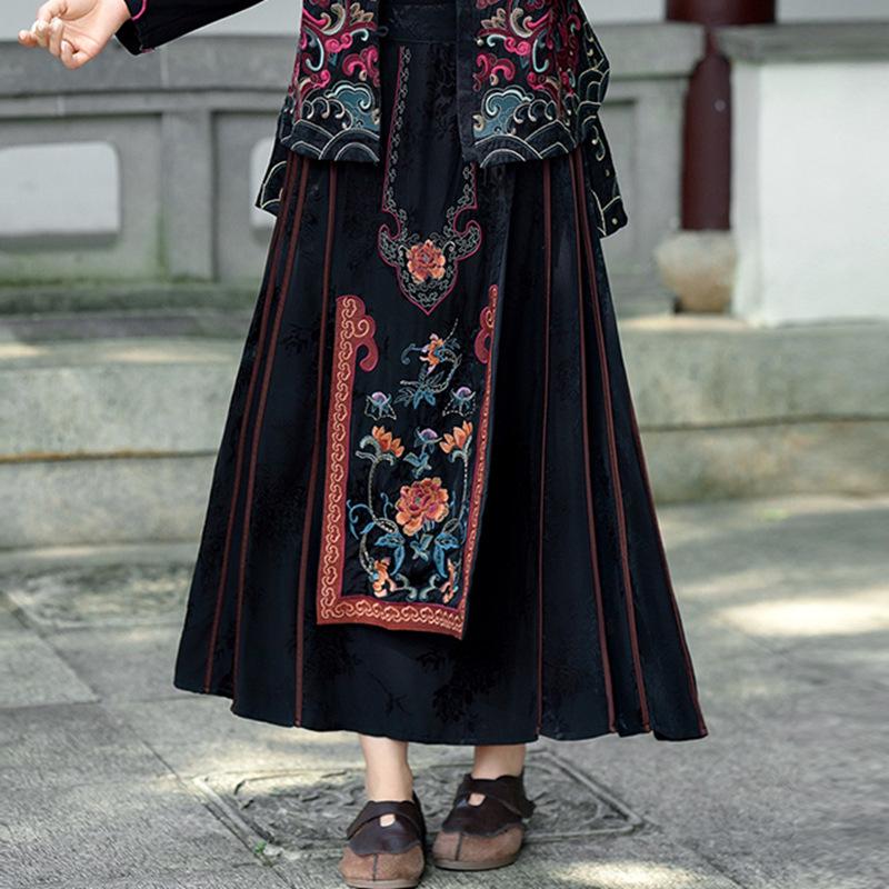 

Ретро Китайская Вышитая Юбка А-силуэта Миди - Модифицированный Этнический Дизайн с Панелью Мамянь One Size чёрный