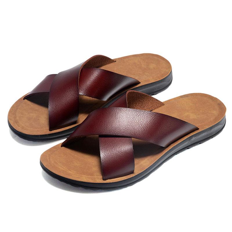 Fashion Men Slippers High Quality Cowhide Leather Slippers Cross-strap Slides Outdoor Non-slip Flat Slippers for Men Casual Beach Slides