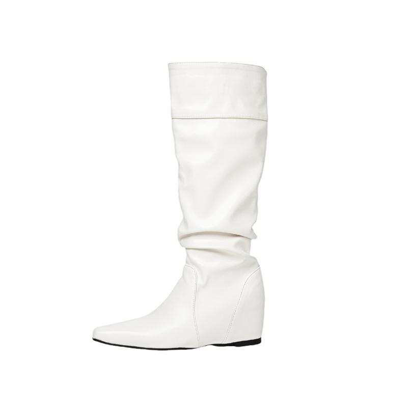 

ANNYMOLI Женские сапоги до колена с квадратным носком, увеличивающие рост, на среднем каблуке, плиссированные длинные сапоги, женская модная обувь, осень-зима 46 34 белый