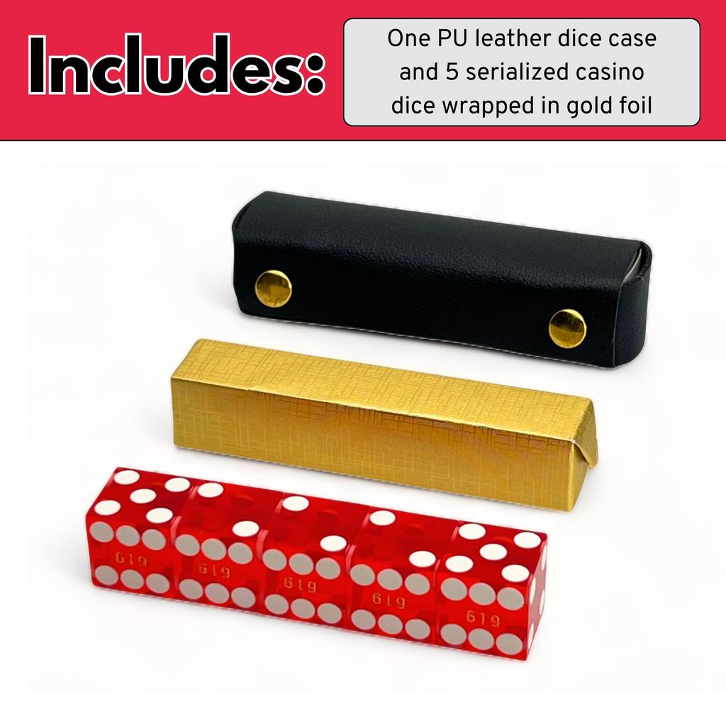 Luck Lab Grade AAA 19mm Casino Dice Razor Edge and Matching Serial Number Set of 5 Leather Dice Case (Red)
