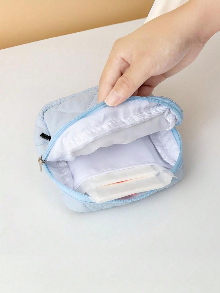 1pc Bow Decor Portable Zipper Cosmetic Bag/Sanitary Pad Storage Pouch, Fluffy Makeup Bag, Cosmetic Organizer, Toiletry Bag, Mini Makeup Bag