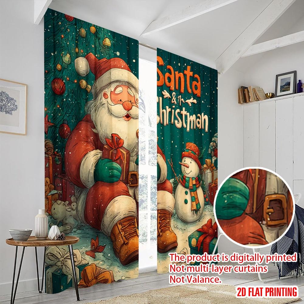2pcs,2D plane printing Curtain Popular Santa Claus and the Snowman Versatile Polyester Fabric (without rod) Gifts Use for