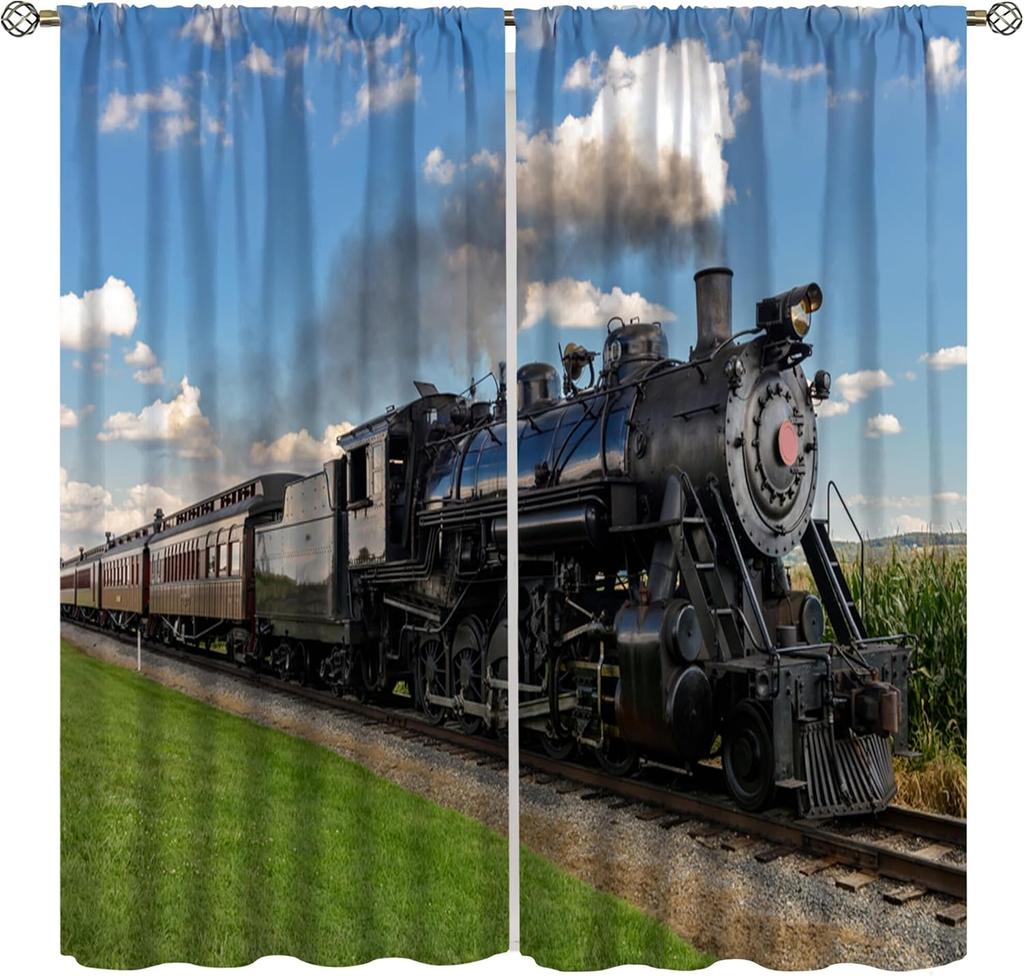 Light Blocking Steam Engine Curtains Old Train Through Country Field Scenery Print Window Treatments Curtain Vintage Polyester With Rod Pocket