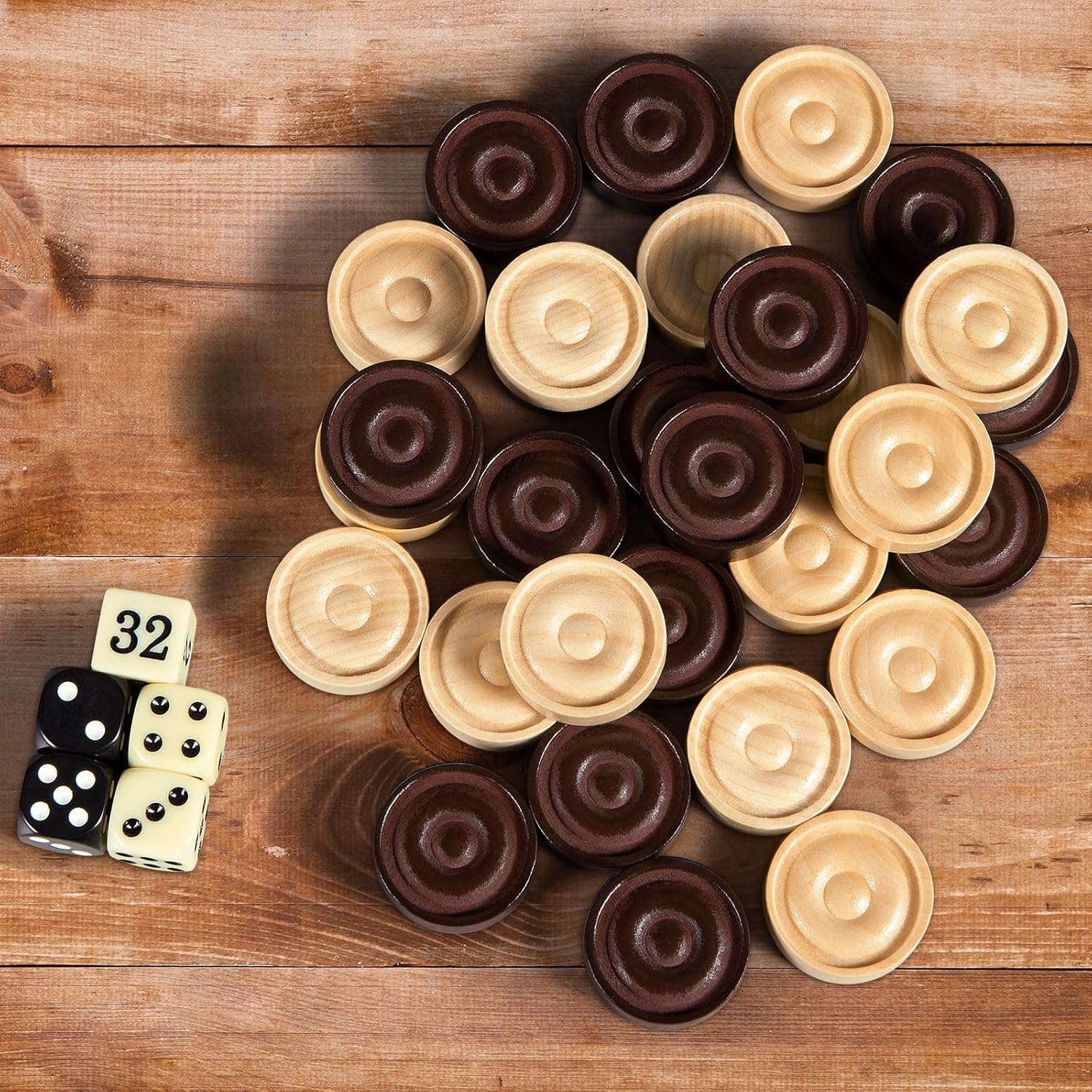 Classic Wooden Checkers Set with 30 Pieces, 5 Dice, 2 Storage Bags, Brown & Wood, 1.2' W x 0.4' H