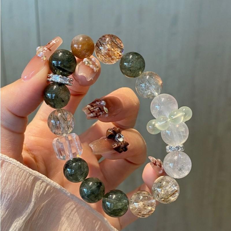 Natural Green Rutilated Quartz Prehnite Beaded Bracelet Healing Crystal Jewelry Women