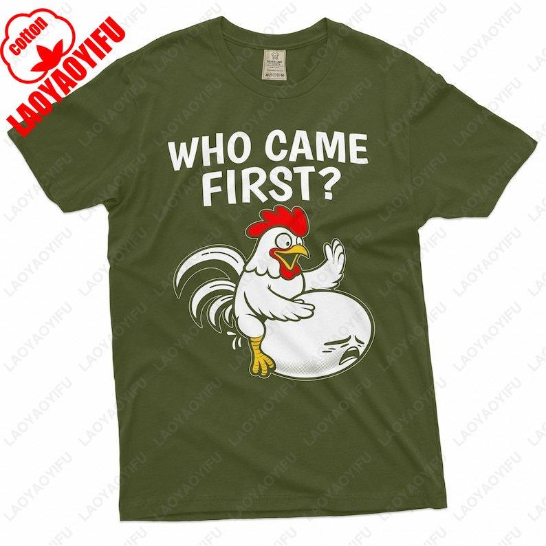 Mens Funny Humorous Tshirt Who Came First Classic Chicken and Egg Dilemma Double Meaning Inappropriate Adult Shirt Cotton Tees