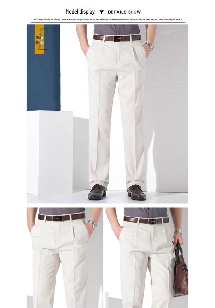 Men's Pure Cotton Double-Pleat Casual Pants - High Waist, Wide Leg, Non-Iron, Summer-Weight for Middle-Aged and Elderly.